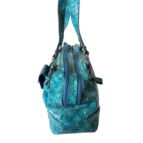 Teal Faux Snake Skin Handbag With Polished Silver Hardware & Dual Top Handles - Picture 8 of 12